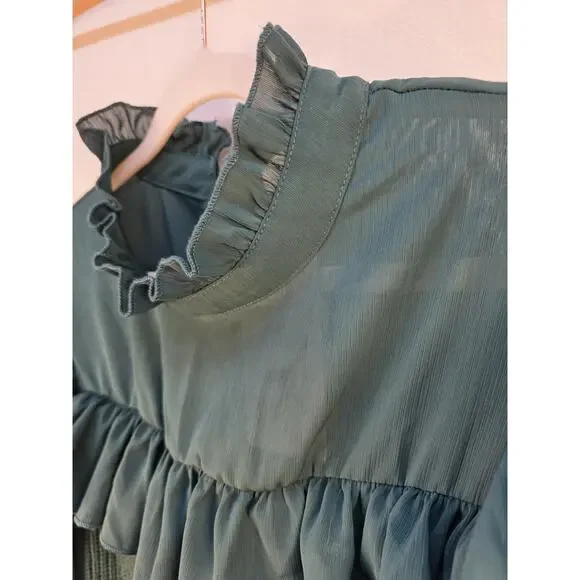 Kirundo Women's extra Large Sweater NWT Green Sheer High Collar Ruffle Preppy - Picture 6 of 16